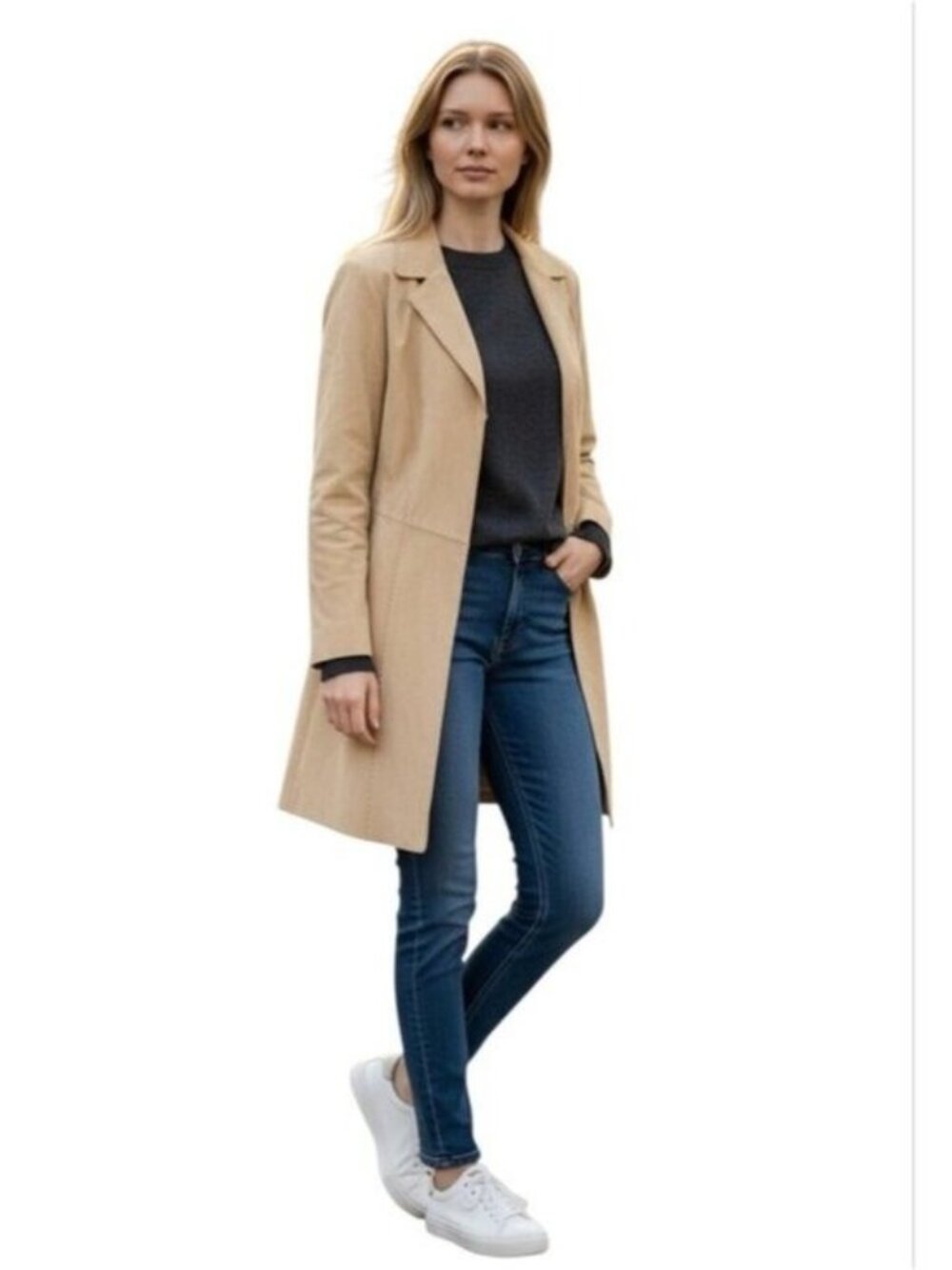 Coldwater Creek Light Beige Suede Longline Trench Coat Size MP